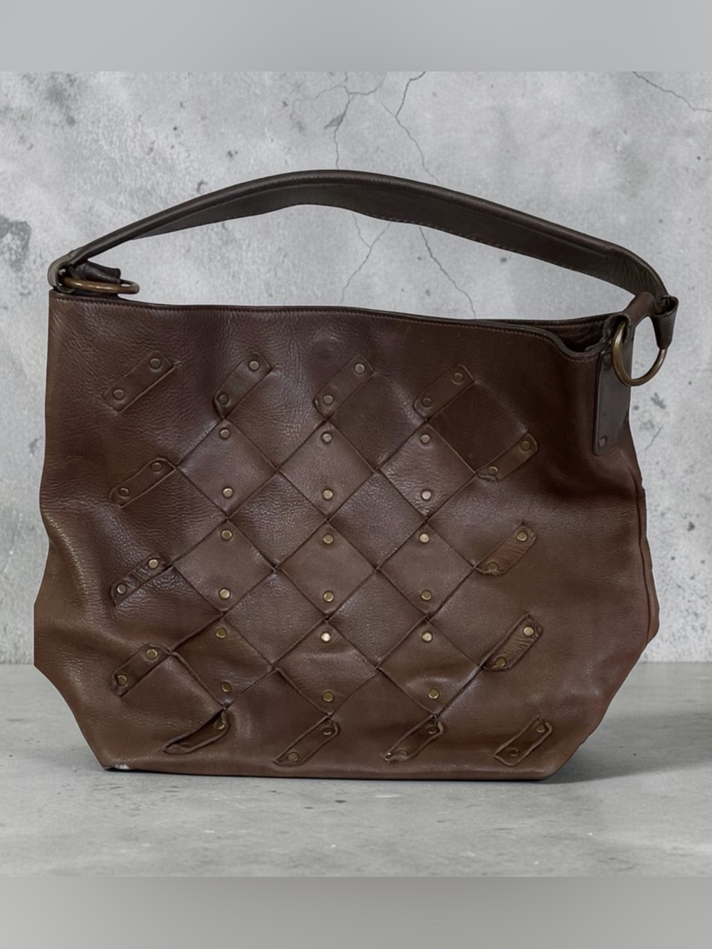 Falorni Italia Women's Brown Leather Studded Shoulder Bag Made in Italy